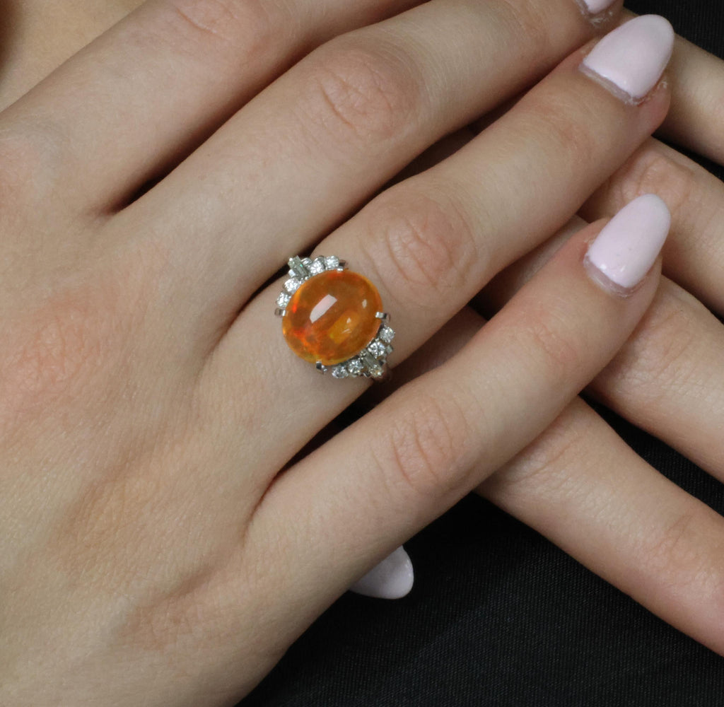 Fine 5.62ct Natural Mexican Fire Opal & 0.31ct Diamond Platinum Ring, Size 6.25