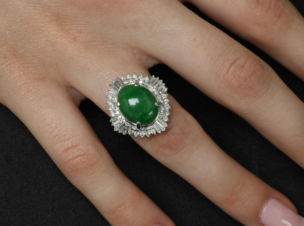 5.59ct GIA Natural Burmese Jadeite Jade 1.10ct Diamond Platinum Ring, Size 5.75