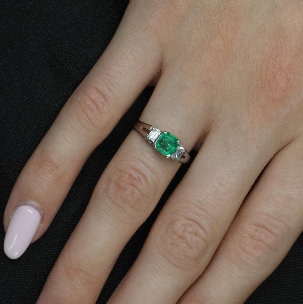 Estate 0.85ct Natural Colombian Emerald 0.26ct Diamond Platinum Ring, Size 6.25