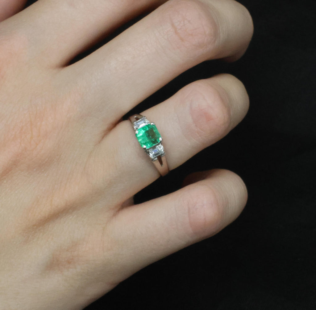 Estate 0.85ct Natural Colombian Emerald 0.26ct Diamond Platinum Ring, Size 6.25