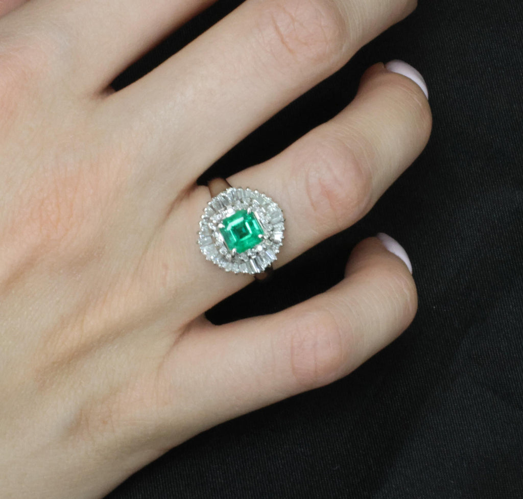 0.95ct Intense Green Natural Emerald & 0.77ct Diamond Platinum Ring, Size 6.25