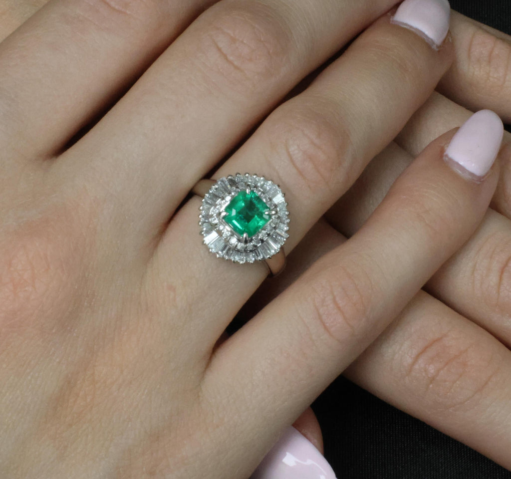 0.95ct Intense Green Natural Emerald & 0.77ct Diamond Platinum Ring, Size 6.25