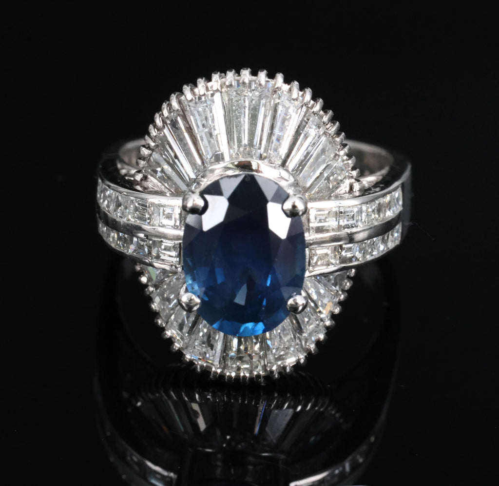 Vintage 2.48ct GIA Intense Blue Sapphire & 2.69ct Diamond Platinum Ring, Size 7