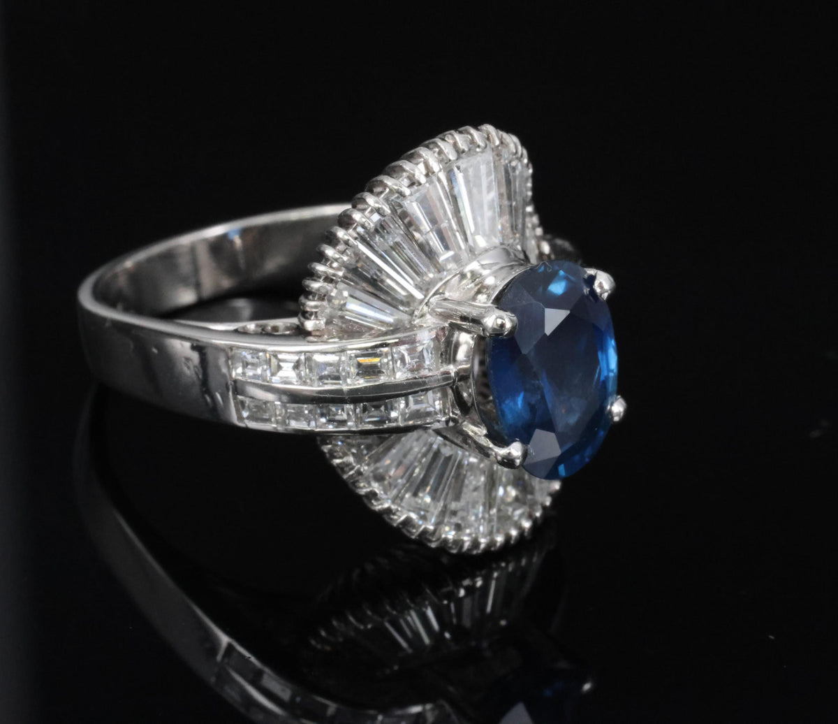 Vintage 2.48ct GIA Intense Blue Sapphire & 2.69ct Diamond Platinum Ring, Size 7