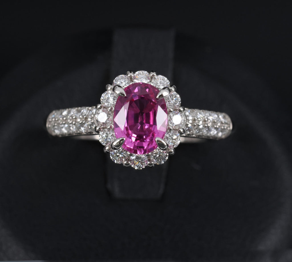 1.41ct Natural Hot Pink Sapphire & 0.53ct Diamond Halo Platinum Ring, Size 6.75
