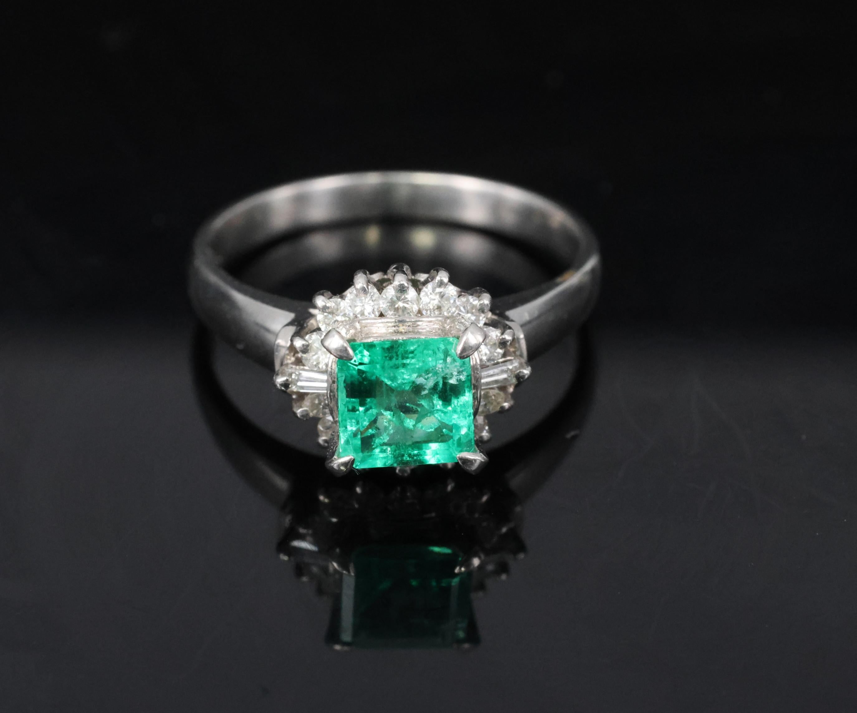Fine 0.84ct GIA Colombian F1 Emerald & 0.30ct Diamond Platinum Ring Size 6.75