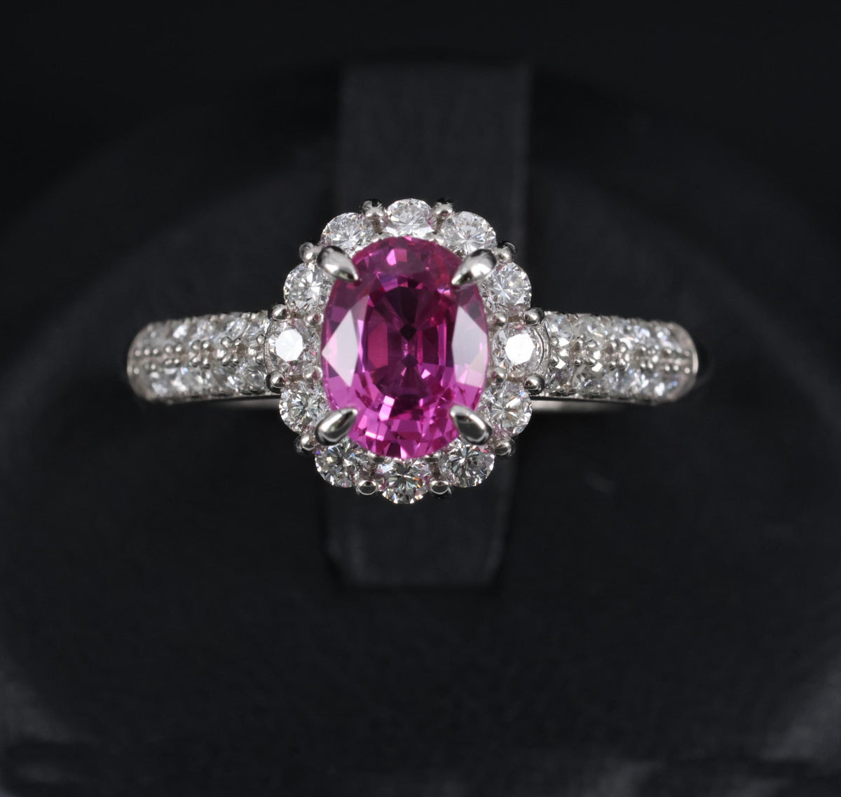 1.41ct Natural Hot Pink Sapphire & 0.53ct Diamond Halo Platinum Ring, Size 6.75