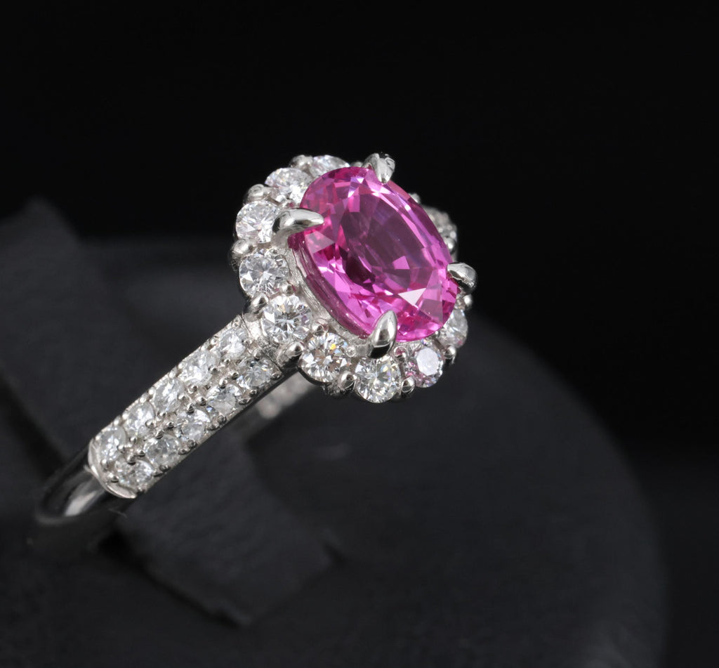 1.41ct Natural Hot Pink Sapphire & 0.53ct Diamond Halo Platinum Ring, Size 6.75