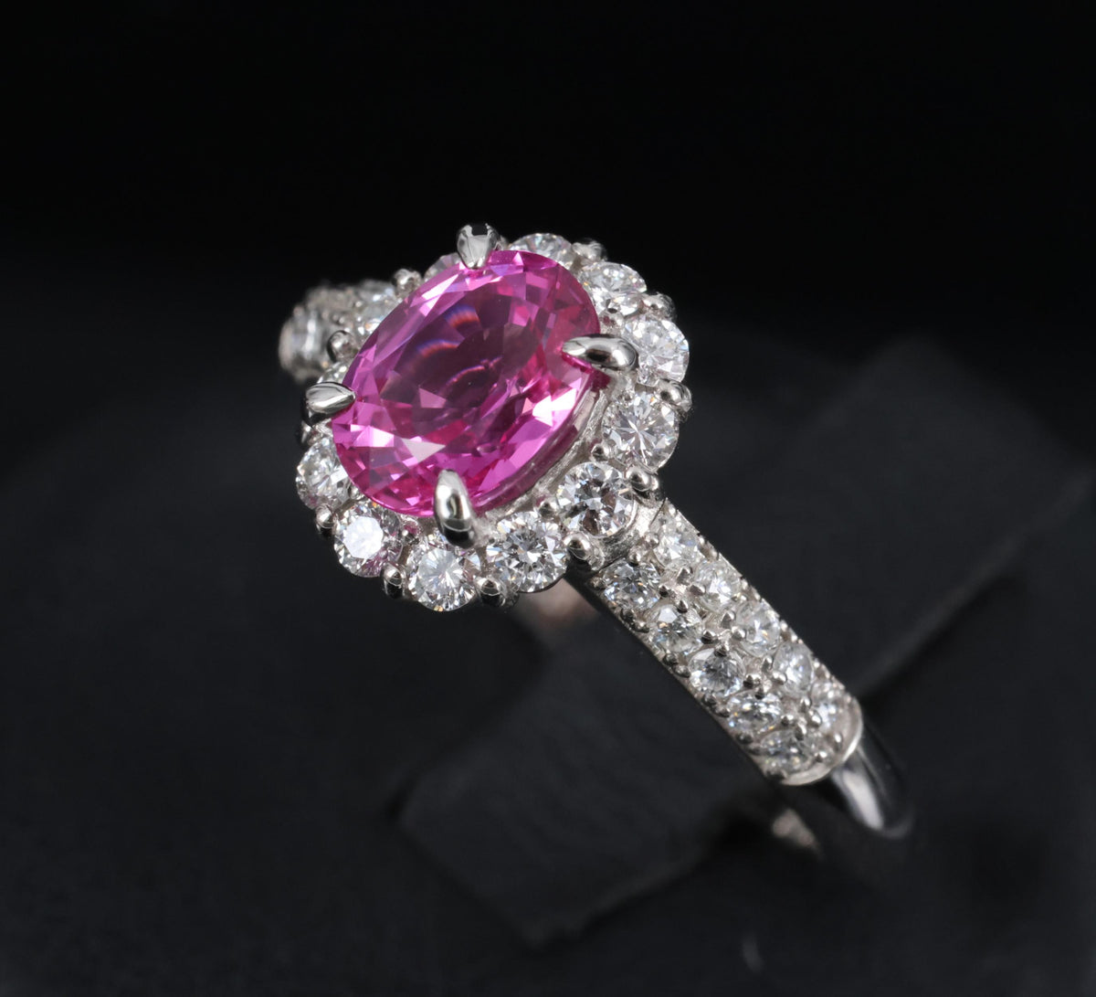 1.41ct Natural Hot Pink Sapphire & 0.53ct Diamond Halo Platinum Ring, Size 6.75