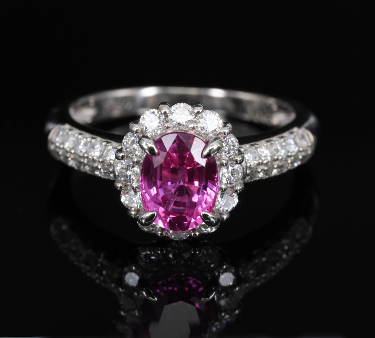 1.41ct Natural Hot Pink Sapphire & 0.53ct Diamond Halo Platinum Ring, Size 6.75