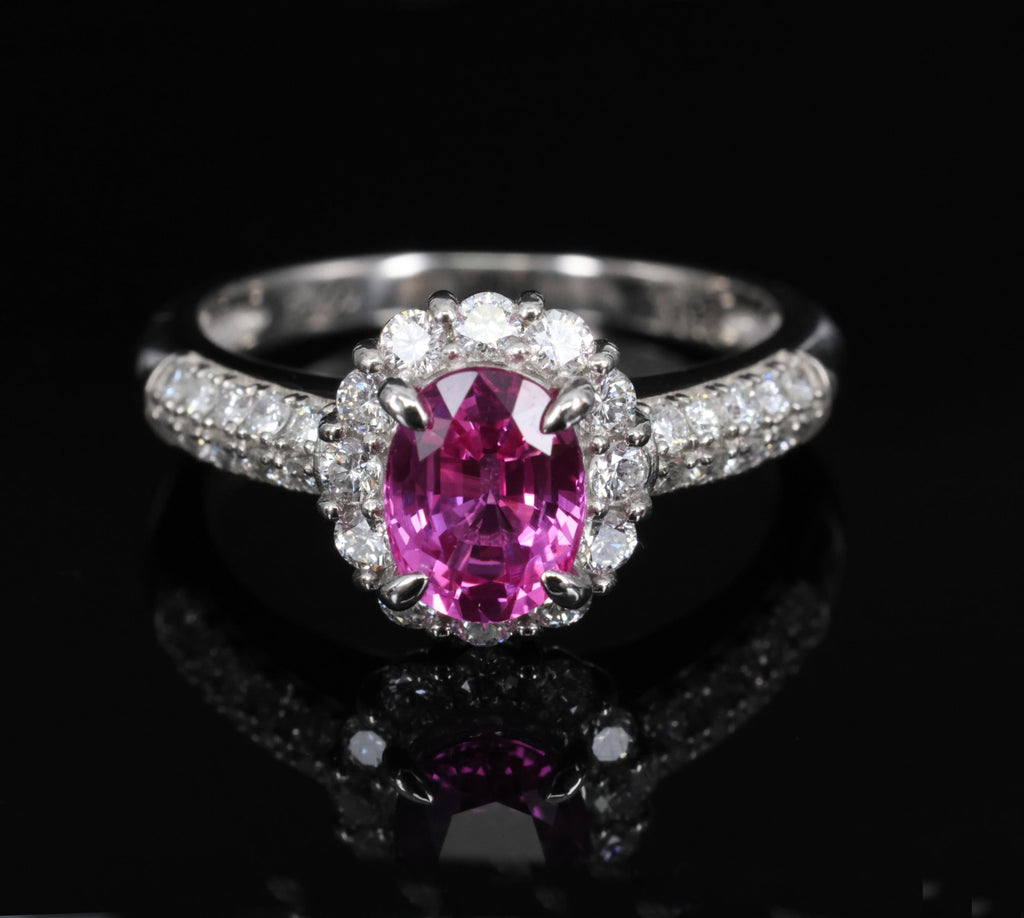 1.41ct Natural Hot Pink Sapphire & 0.53ct Diamond Halo Platinum Ring, Size 6.75