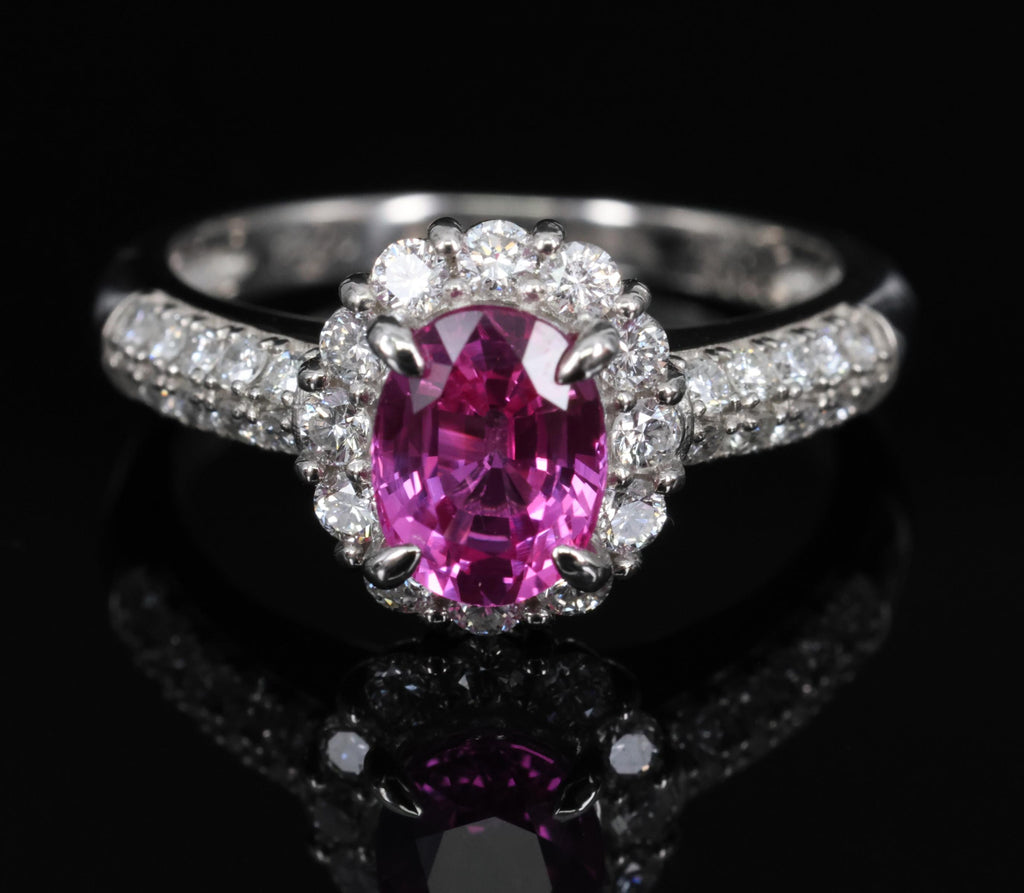 1.41ct Natural Hot Pink Sapphire & 0.53ct Diamond Halo Platinum Ring, Size 6.75