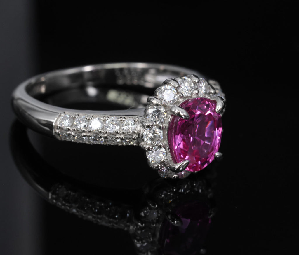 1.41ct Natural Hot Pink Sapphire & 0.53ct Diamond Halo Platinum Ring, Size 6.75