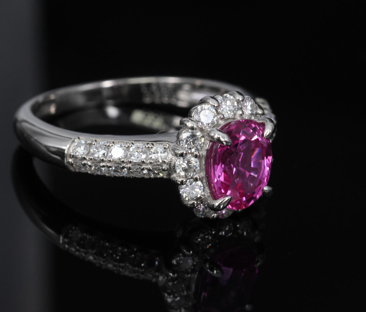 1.41ct Natural Hot Pink Sapphire & 0.53ct Diamond Halo Platinum Ring, Size 6.75