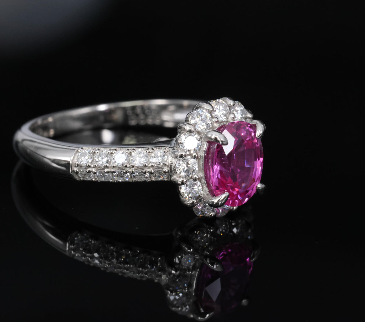 1.41ct Natural Hot Pink Sapphire & 0.53ct Diamond Halo Platinum Ring, Size 6.75