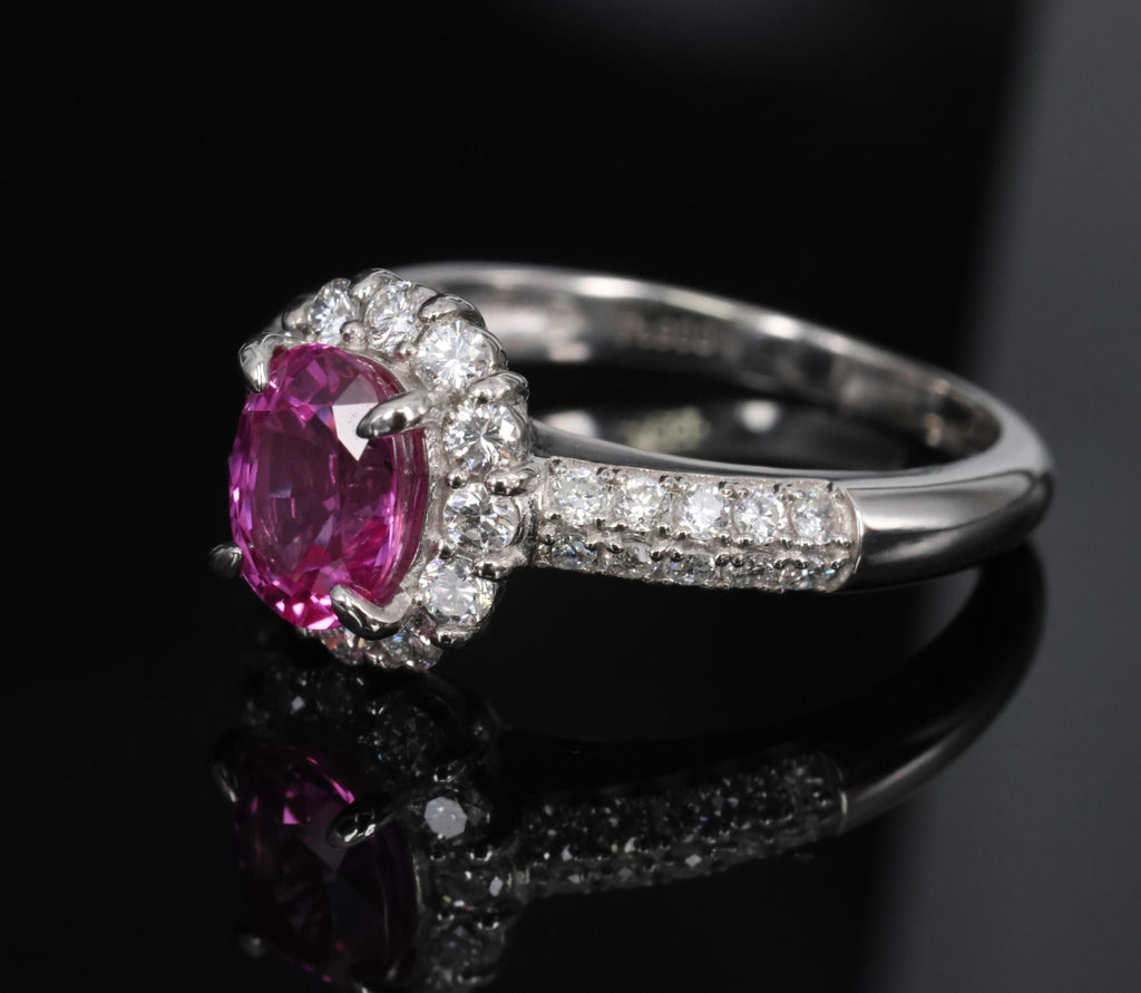 1.41ct Natural Hot Pink Sapphire & 0.53ct Diamond Halo Platinum Ring, Size 6.75