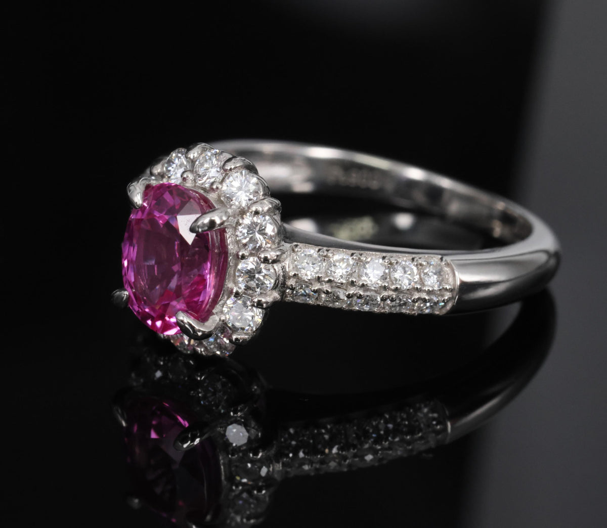 1.41ct Natural Hot Pink Sapphire & 0.53ct Diamond Halo Platinum Ring, Size 6.75