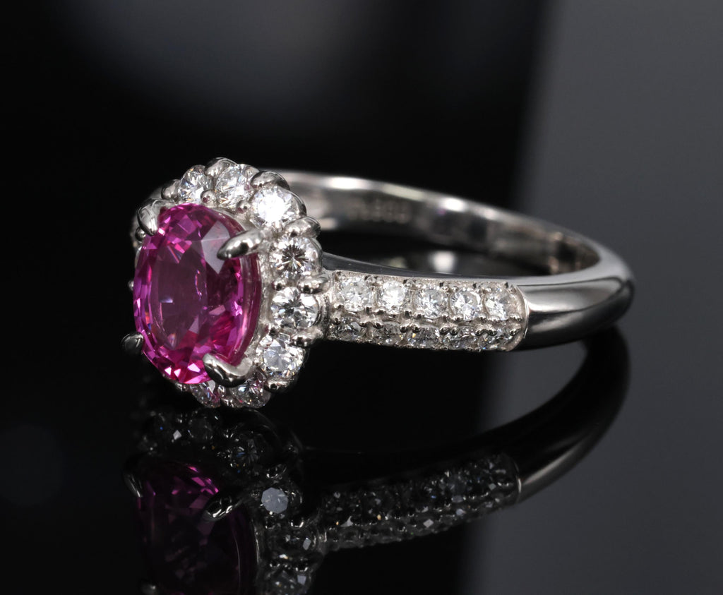 1.41ct Natural Hot Pink Sapphire & 0.53ct Diamond Halo Platinum Ring, Size 6.75
