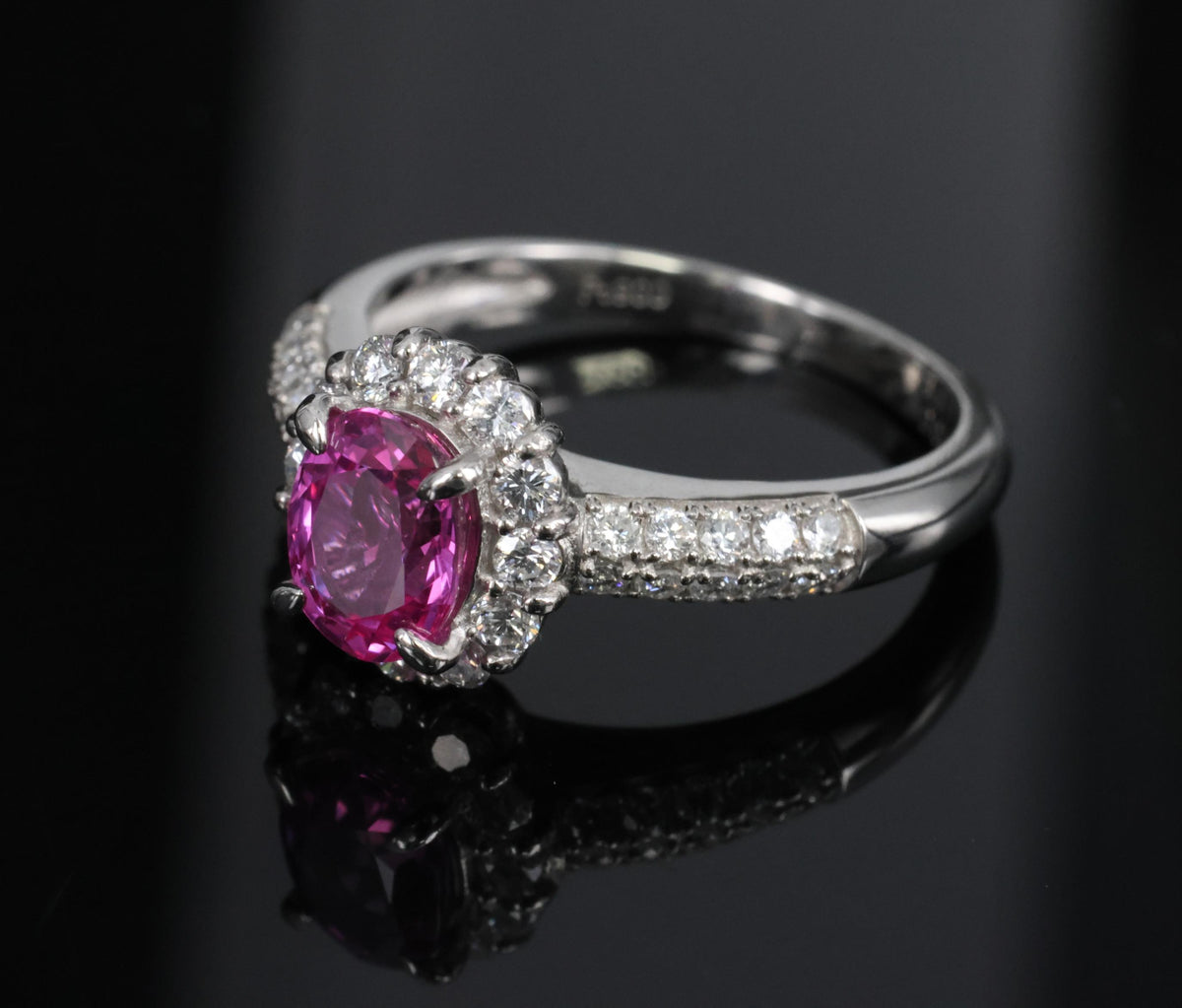 1.41ct Natural Hot Pink Sapphire & 0.53ct Diamond Halo Platinum Ring, Size 6.75