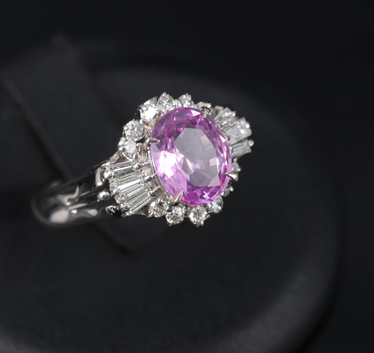 Rare 1.56ct Natural Pink Sapphire & 0.41ct Diamond Halo Platinum Ring, Size 6.75