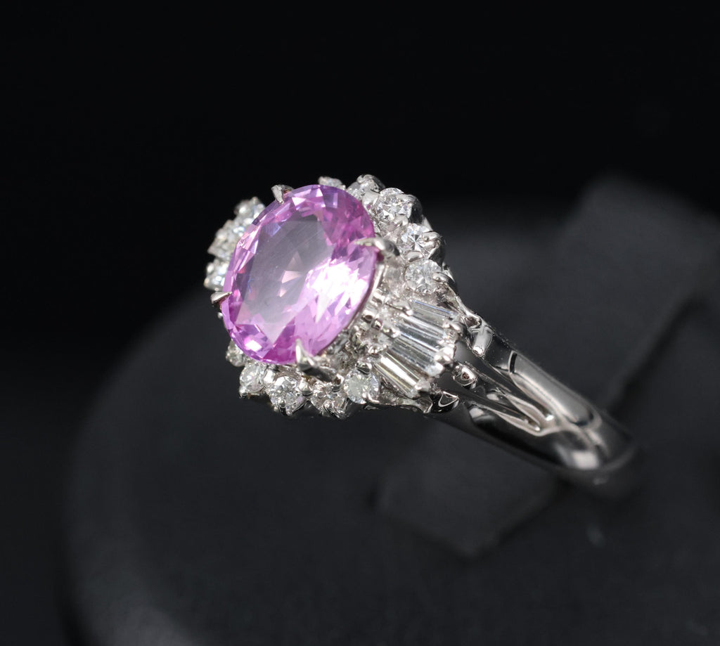 Rare 1.56ct Natural Pink Sapphire & 0.41ct Diamond Halo Platinum Ring, Size 6.75