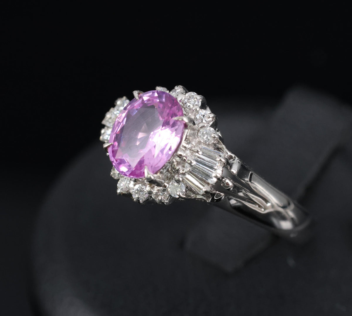 Rare 1.56ct Natural Pink Sapphire & 0.41ct Diamond Halo Platinum Ring, Size 6.75