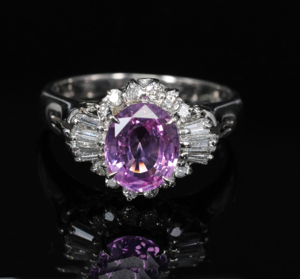 Rare 1.56ct Natural Pink Sapphire & 0.41ct Diamond Halo Platinum Ring, Size 6.75