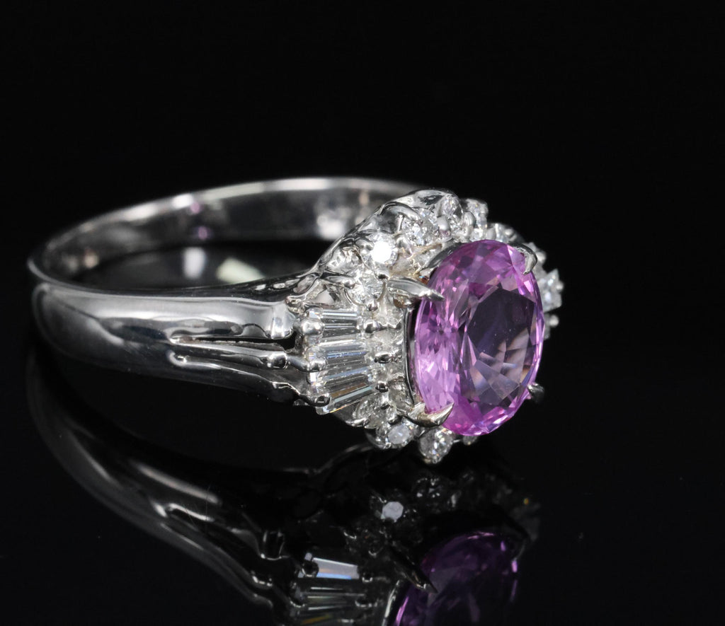 Rare 1.56ct Natural Pink Sapphire & 0.41ct Diamond Halo Platinum Ring, Size 6.75