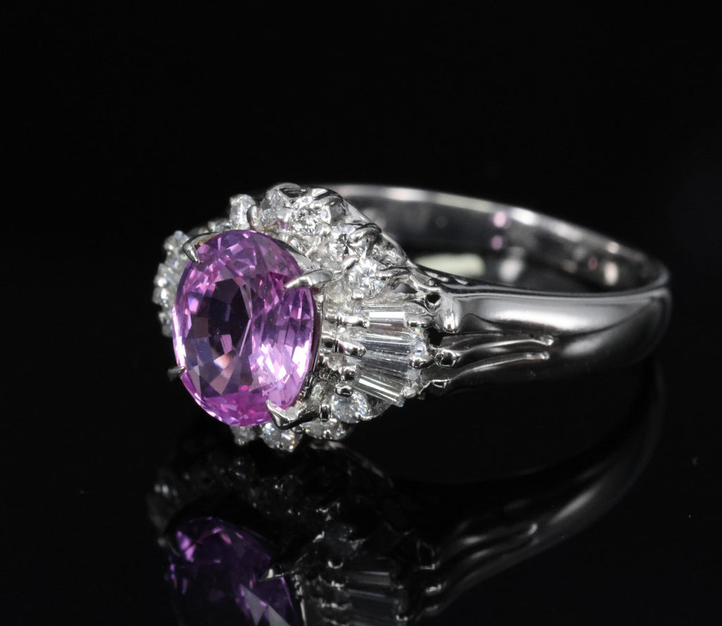Rare 1.56ct Natural Pink Sapphire & 0.41ct Diamond Halo Platinum Ring, Size 6.75