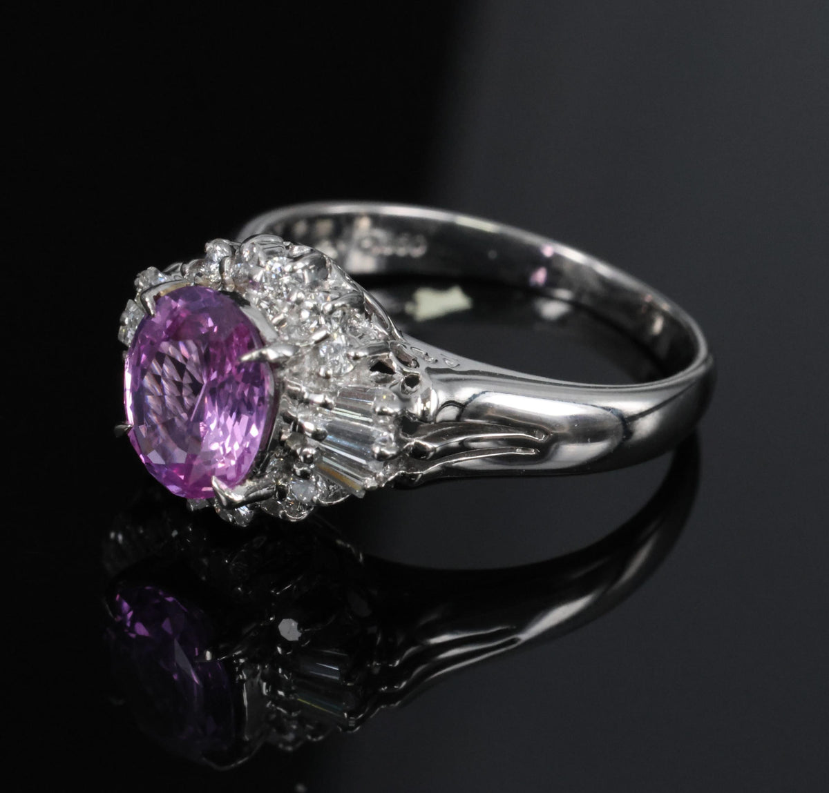 Rare 1.56ct Natural Pink Sapphire & 0.41ct Diamond Halo Platinum Ring, Size 6.75