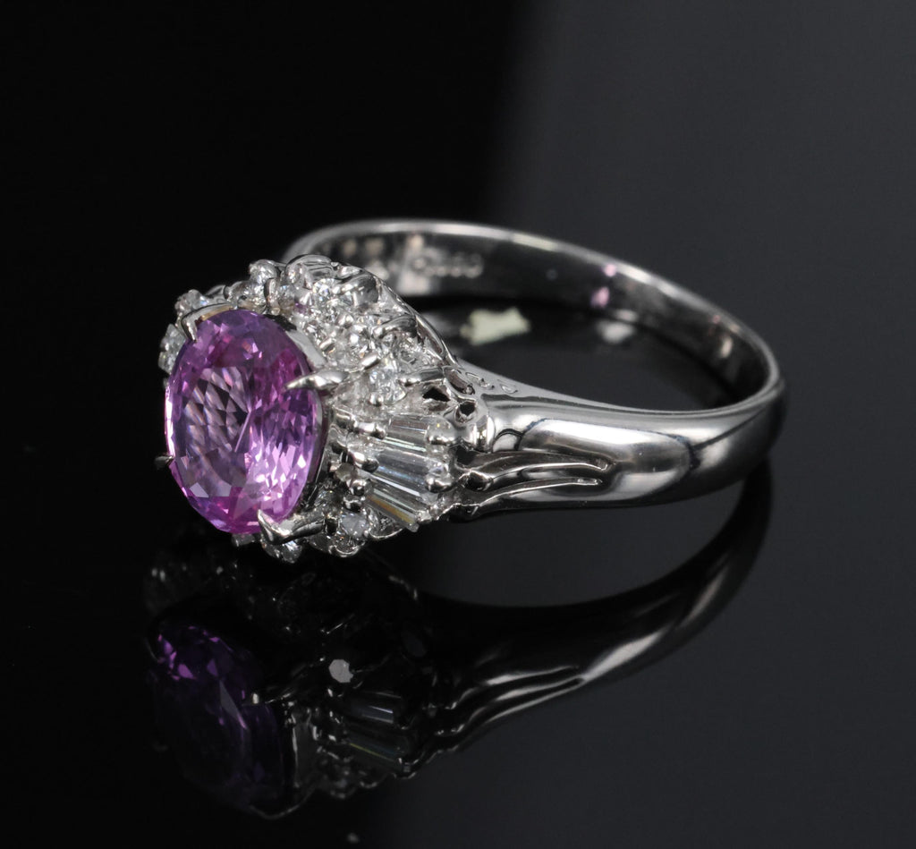 Rare 1.56ct Natural Pink Sapphire & 0.41ct Diamond Halo Platinum Ring, Size 6.75
