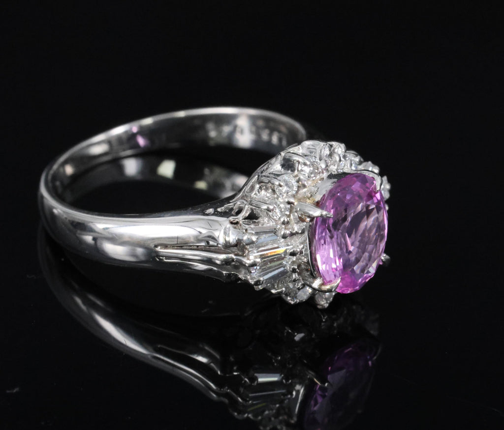 Rare 1.56ct Natural Pink Sapphire & 0.41ct Diamond Halo Platinum Ring, Size 6.75