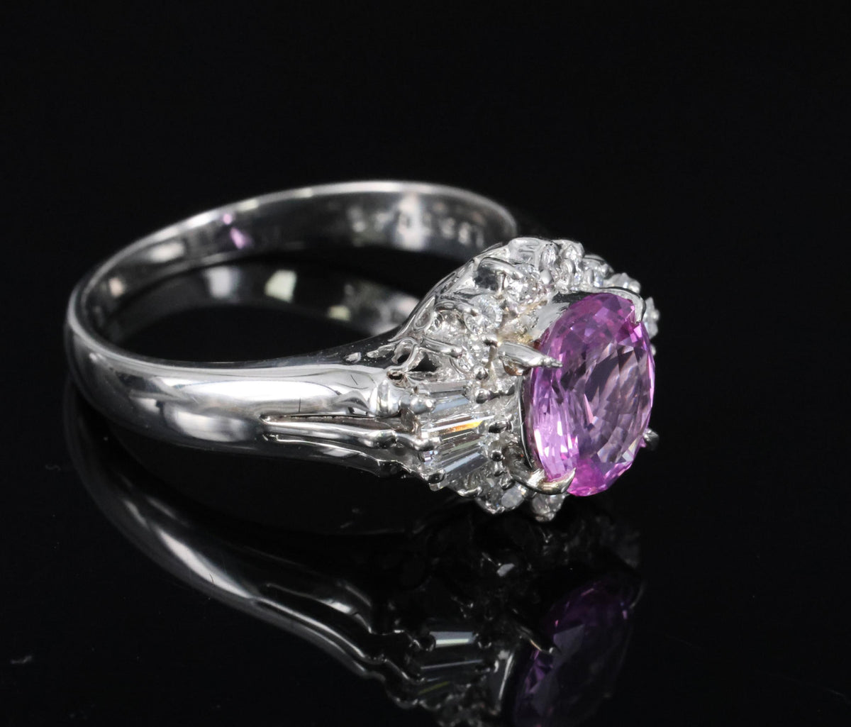 Rare 1.56ct Natural Pink Sapphire & 0.41ct Diamond Halo Platinum Ring, Size 6.75