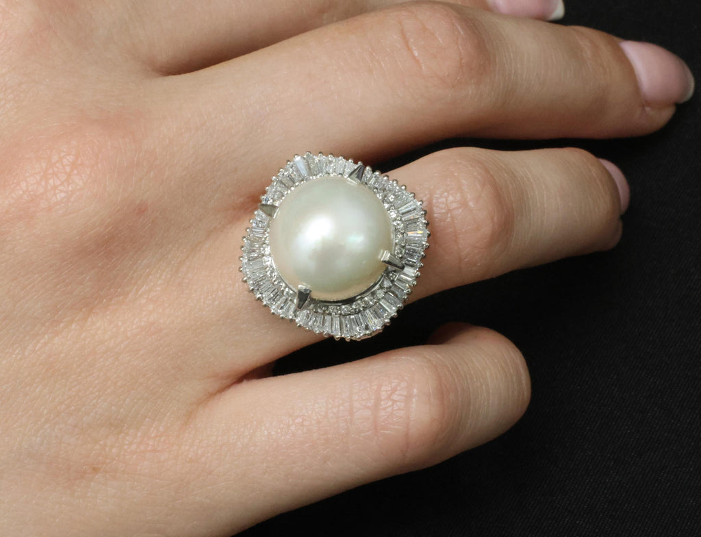 Fine 14.7mm South Seas Pearl & 1.85ct Diamond Platinum Halo Ring, 21.6g Size 8