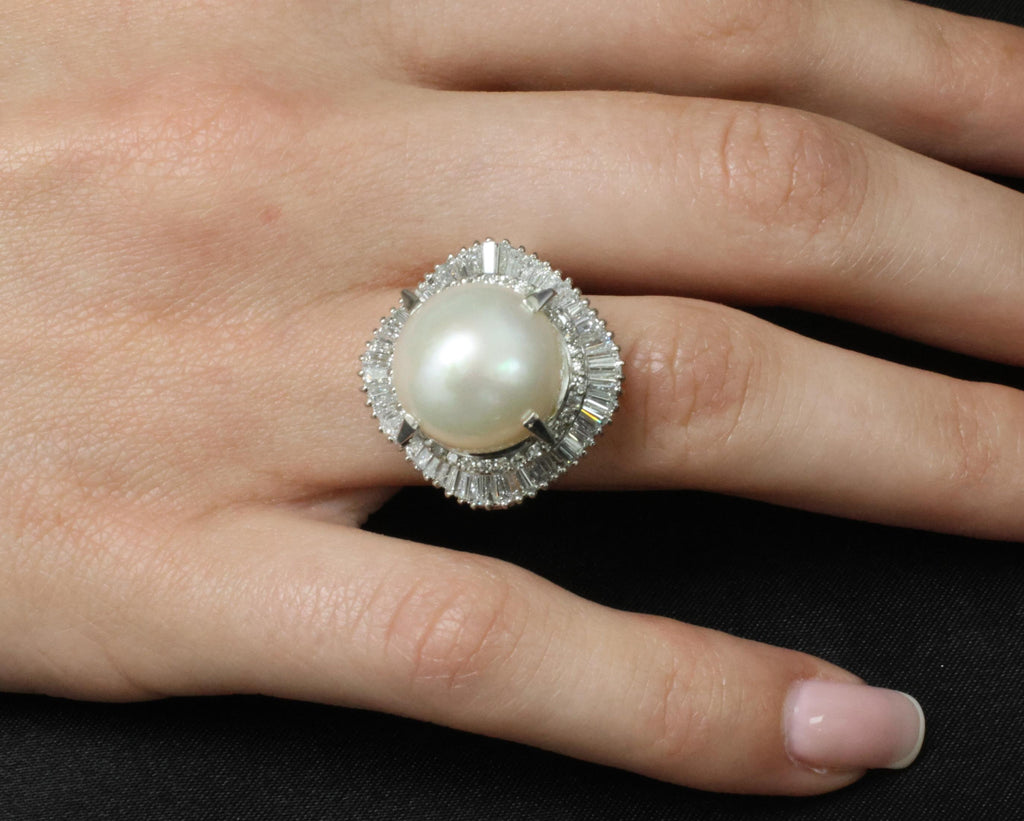 Fine 14.7mm South Seas Pearl & 1.85ct Diamond Platinum Halo Ring, 21.6g Size 8