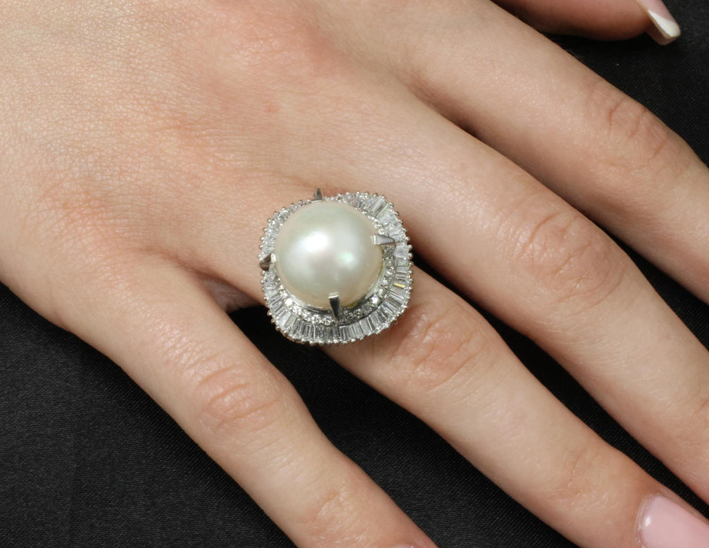Fine 14.7mm South Seas Pearl & 1.85ct Diamond Platinum Halo Ring, 21.6g Size 8