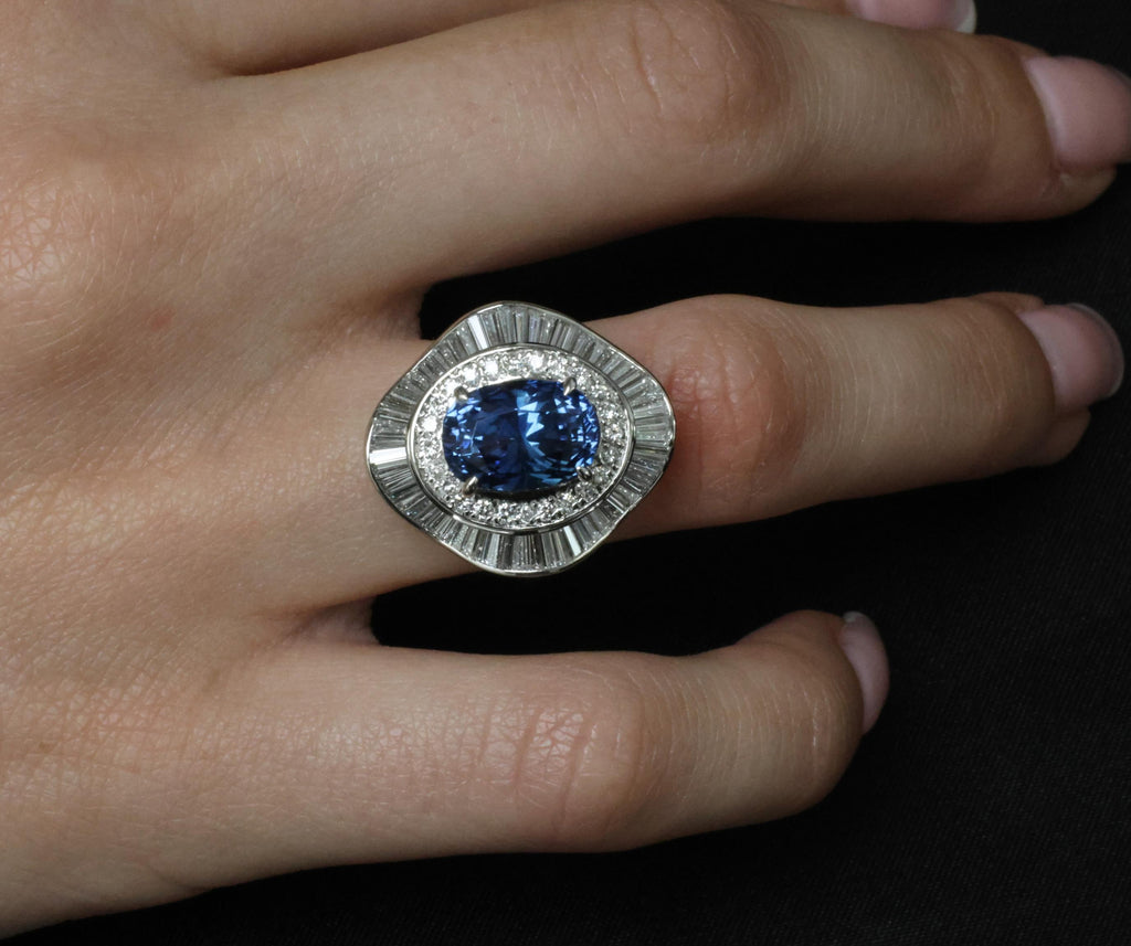 Vintage 6.27ct GIA Certified Sapphire & 1.46ct Diamond Platinum Ring, Size 8.25