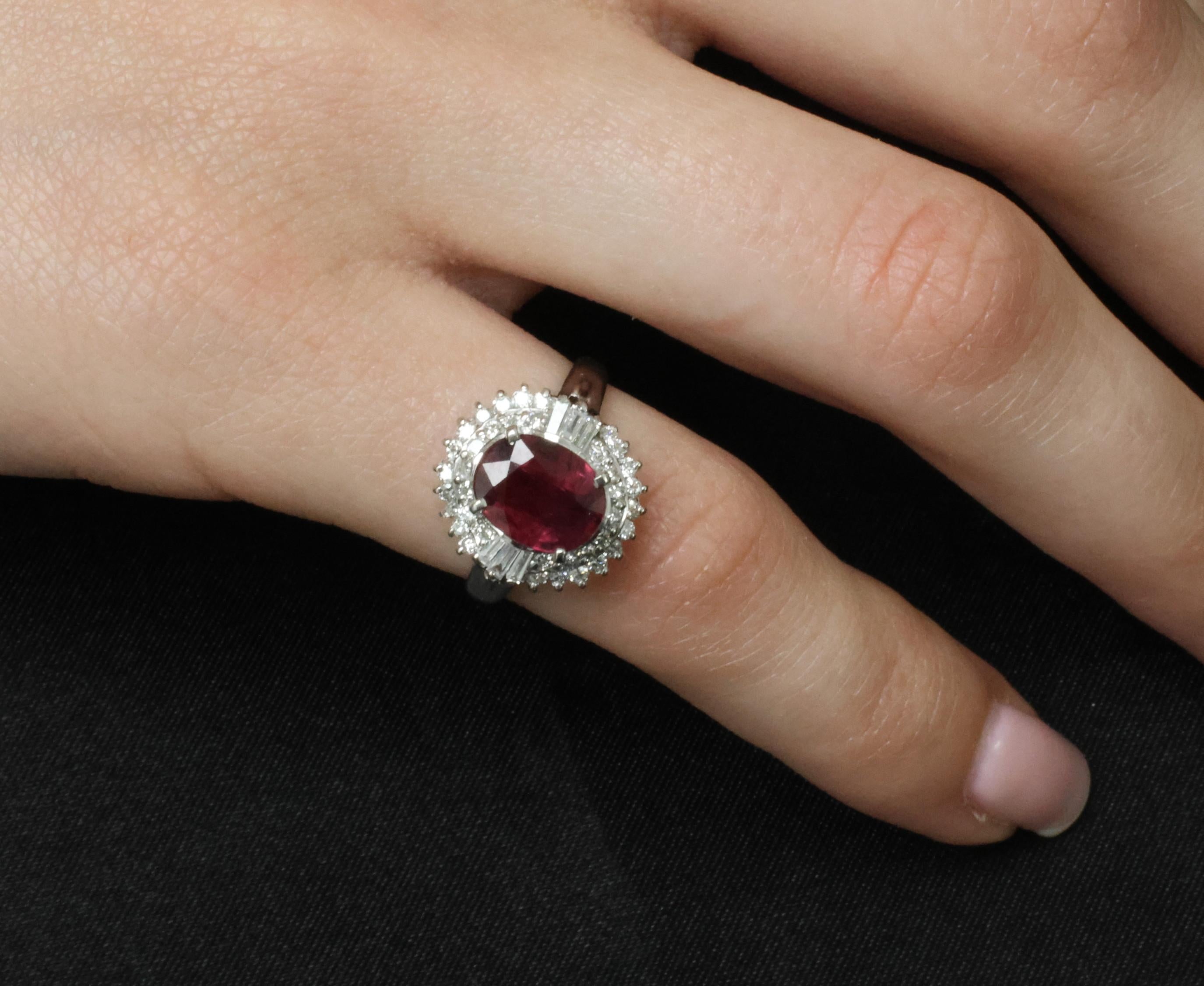 Vintage 2.04ct GIA Certified Thai Ruby & 0.49ct Diamond Platinum Ring, Size 5.25