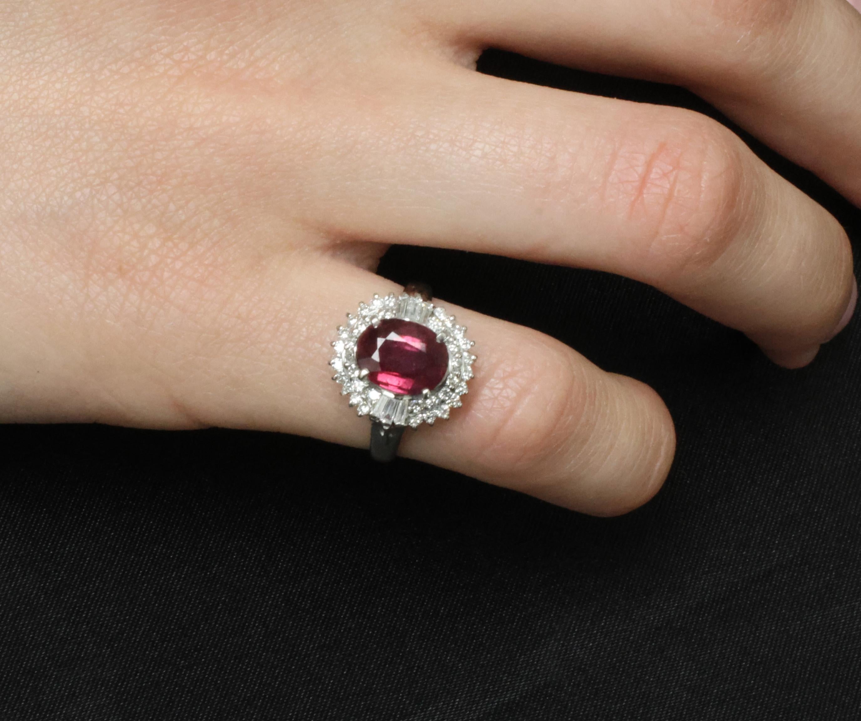 Vintage 2.04ct GIA Certified Thai Ruby & 0.49ct Diamond Platinum Ring, Size 5.25
