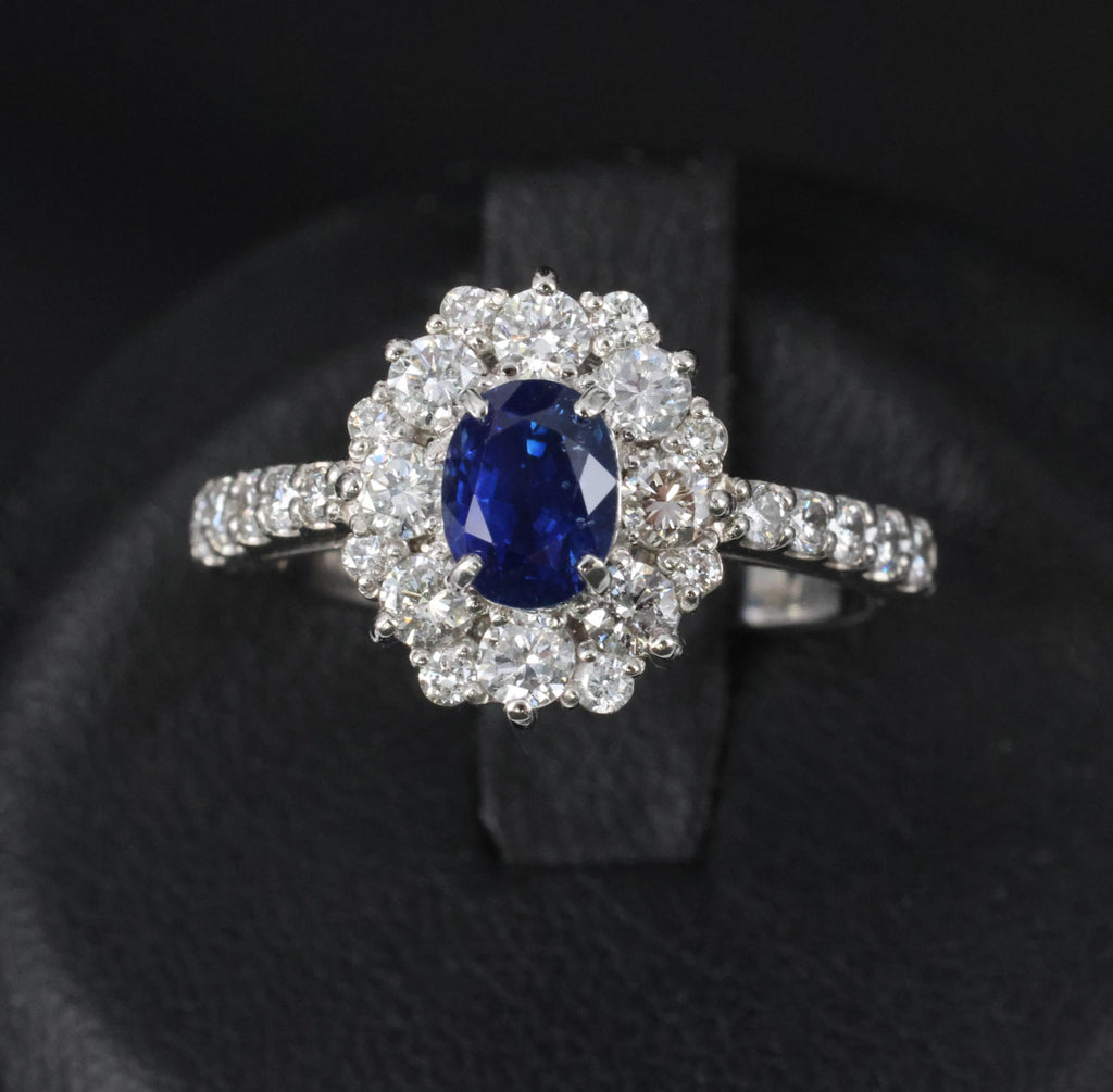 0.98ct Natural Royal Blue Sapphire & 0.81ct Diamond Halo Platinum Ring Size 5.75