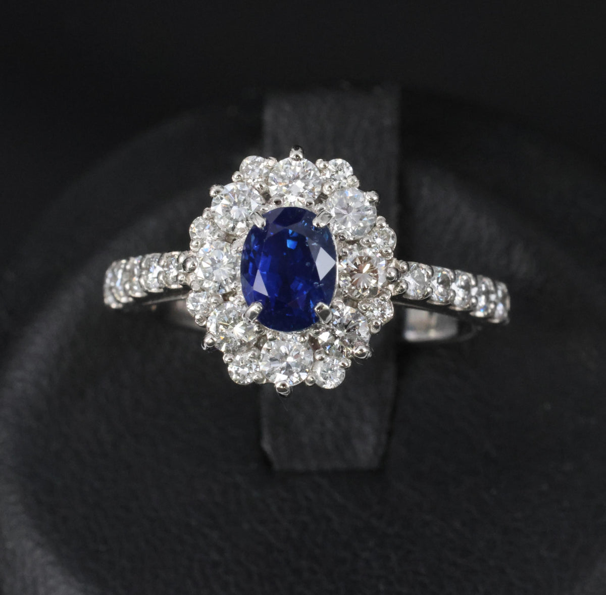 0.98ct Natural Royal Blue Sapphire & 0.81ct Diamond Halo Platinum Ring Size 5.75