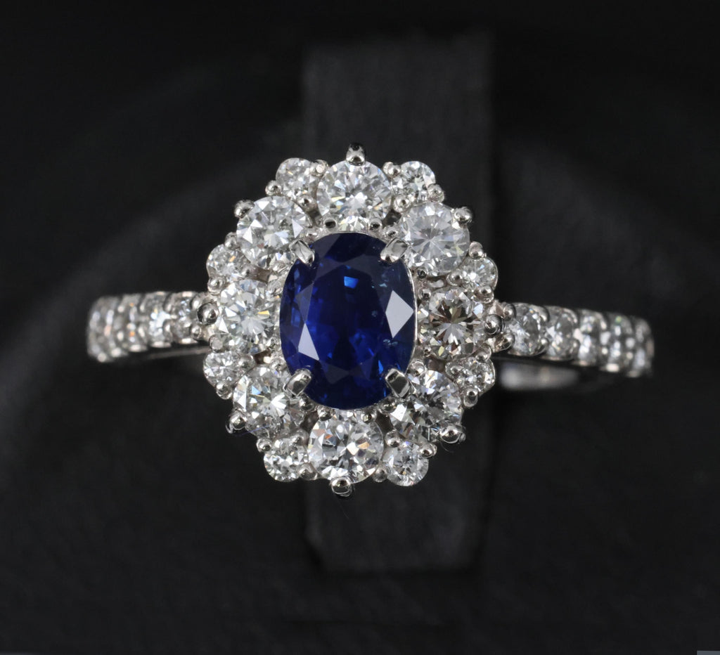 0.98ct Natural Royal Blue Sapphire & 0.81ct Diamond Halo Platinum Ring Size 5.75