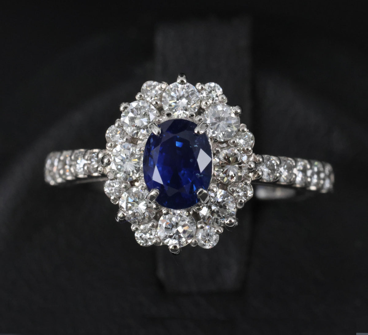 0.98ct Natural Royal Blue Sapphire & 0.81ct Diamond Halo Platinum Ring Size 5.75