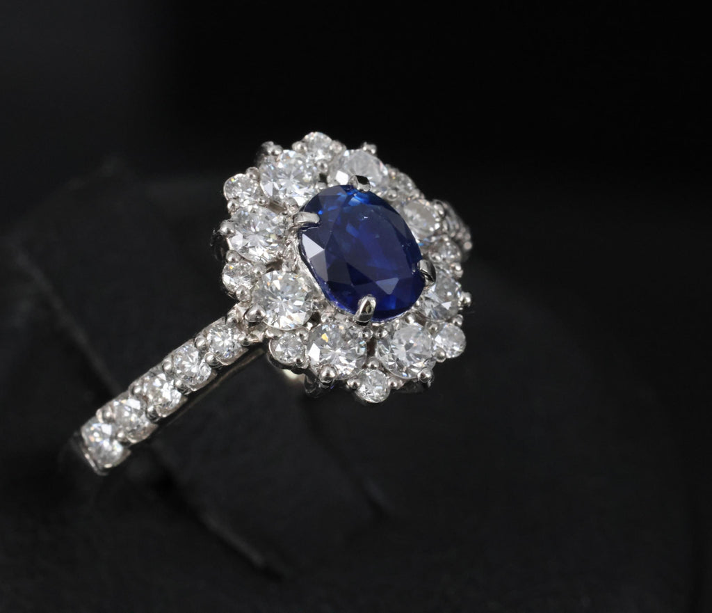 0.98ct Natural Royal Blue Sapphire & 0.81ct Diamond Halo Platinum Ring Size 5.75
