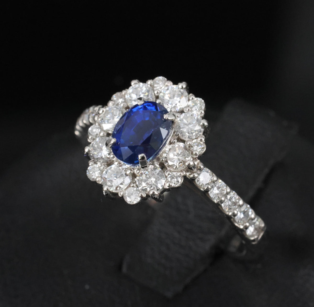 0.98ct Natural Royal Blue Sapphire & 0.81ct Diamond Halo Platinum Ring Size 5.75