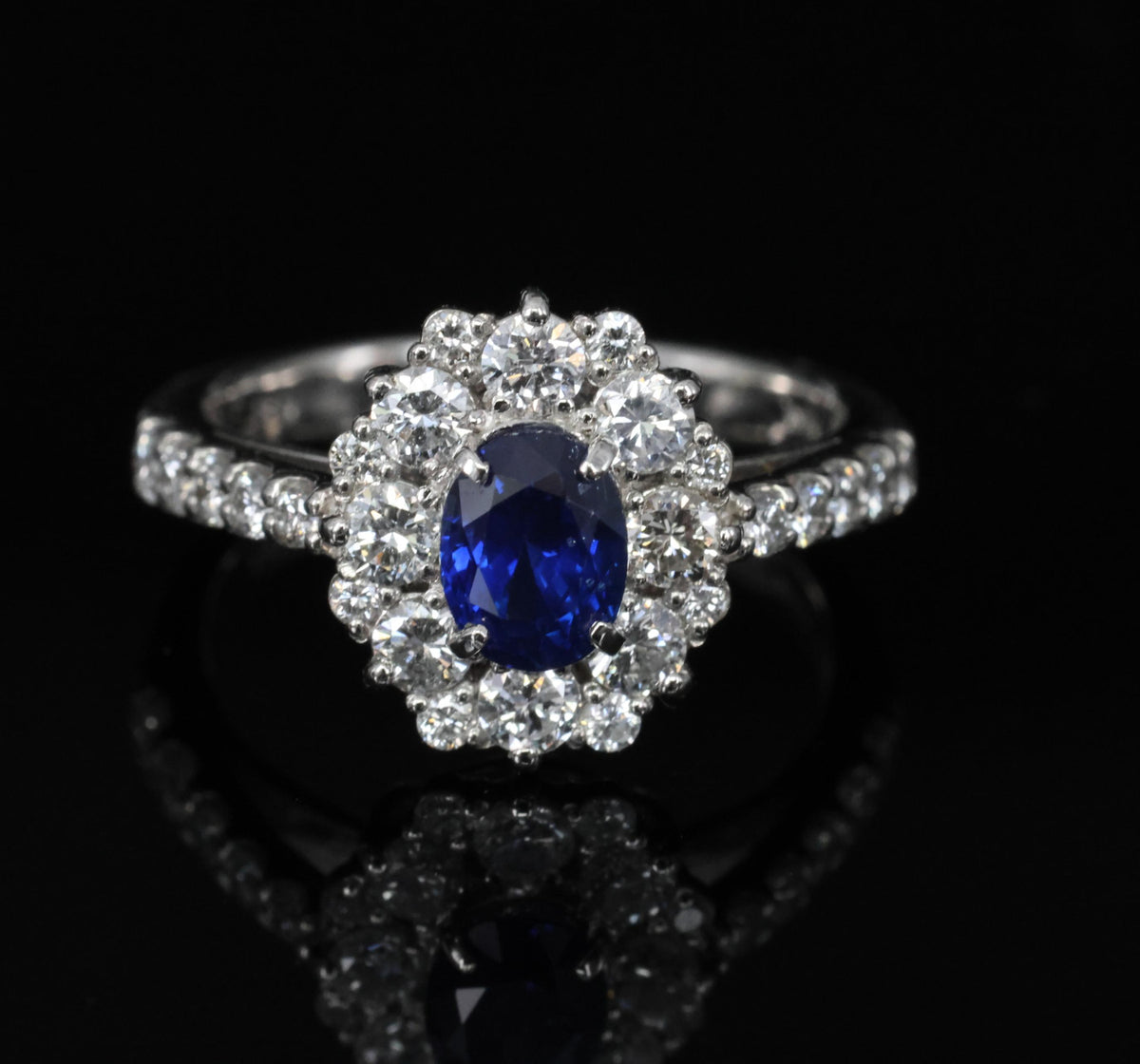 0.98ct Natural Royal Blue Sapphire & 0.81ct Diamond Halo Platinum Ring Size 5.75