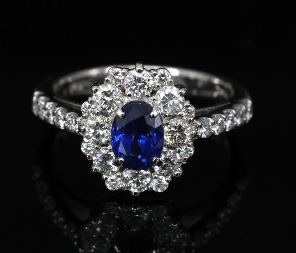 0.98ct Natural Royal Blue Sapphire & 0.81ct Diamond Halo Platinum Ring Size 5.75