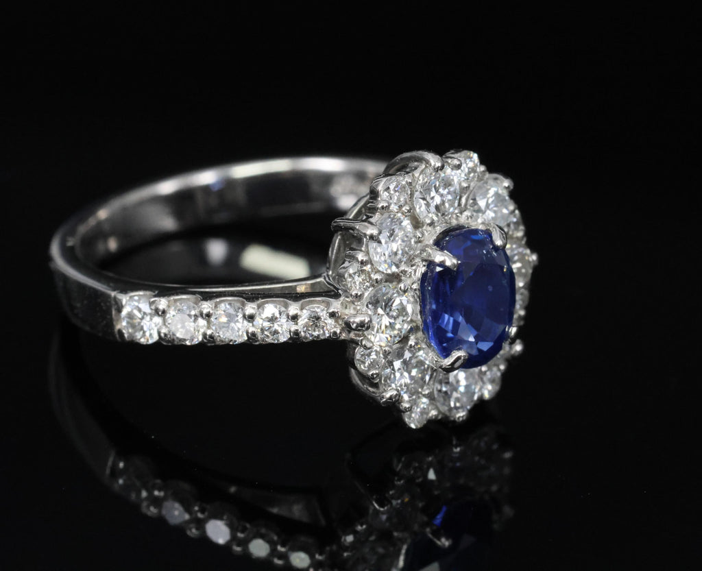 0.98ct Natural Royal Blue Sapphire & 0.81ct Diamond Halo Platinum Ring Size 5.75