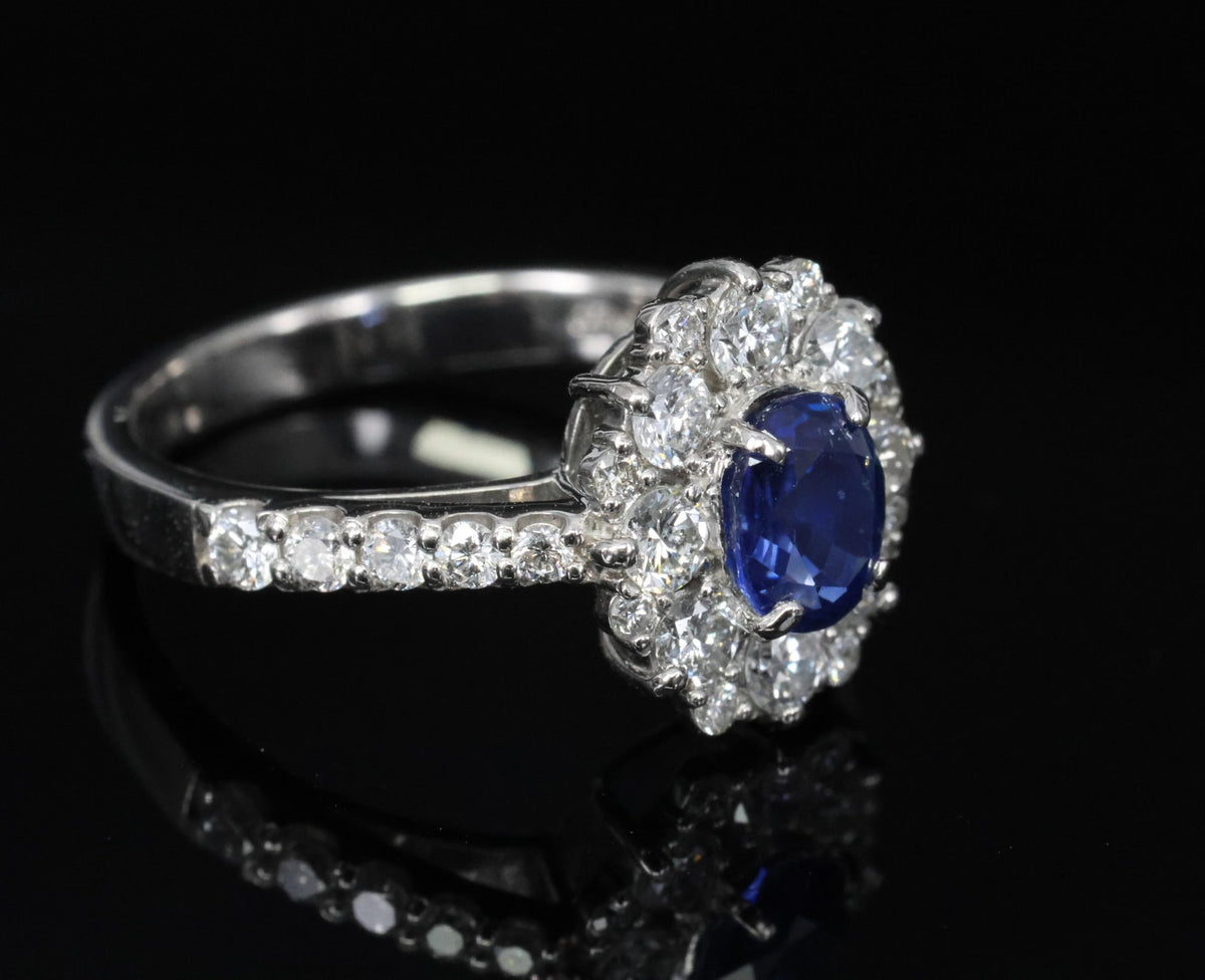 0.98ct Natural Royal Blue Sapphire & 0.81ct Diamond Halo Platinum Ring Size 5.75
