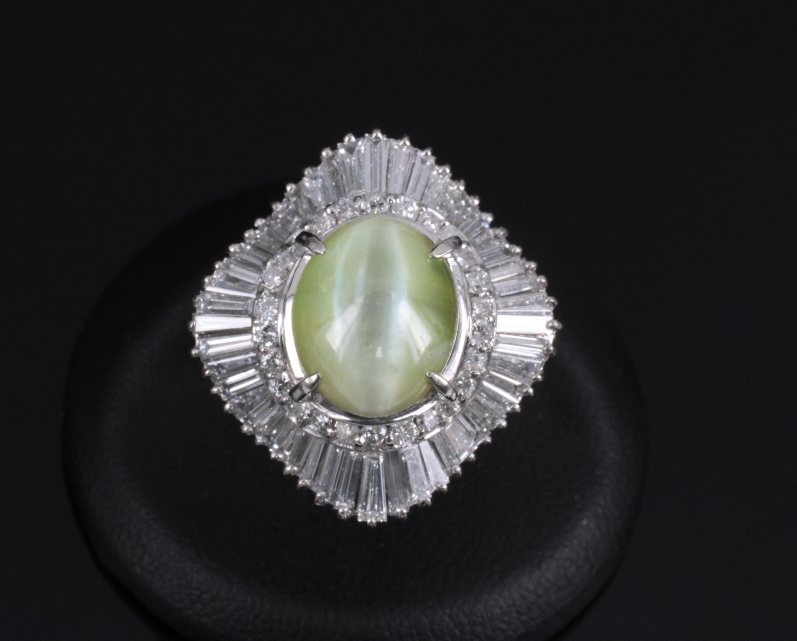 Rare 8.95ct Natural Chrysoberyl Cat's Eye 2.60ct Diamond Platinum Ring Size 6.5